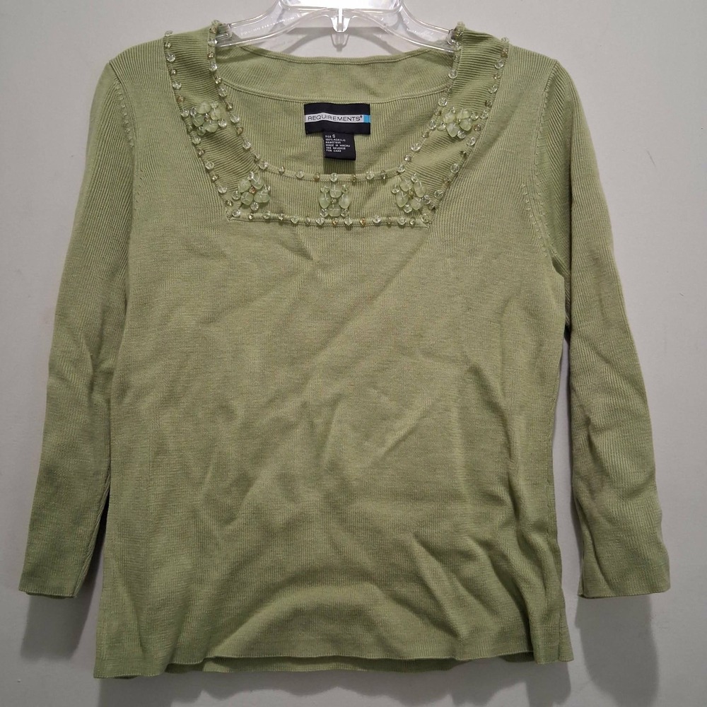 Vintage Requirements Sage Green Beaded Floral Ribbed Knit Top 3/4 Sleeve Small